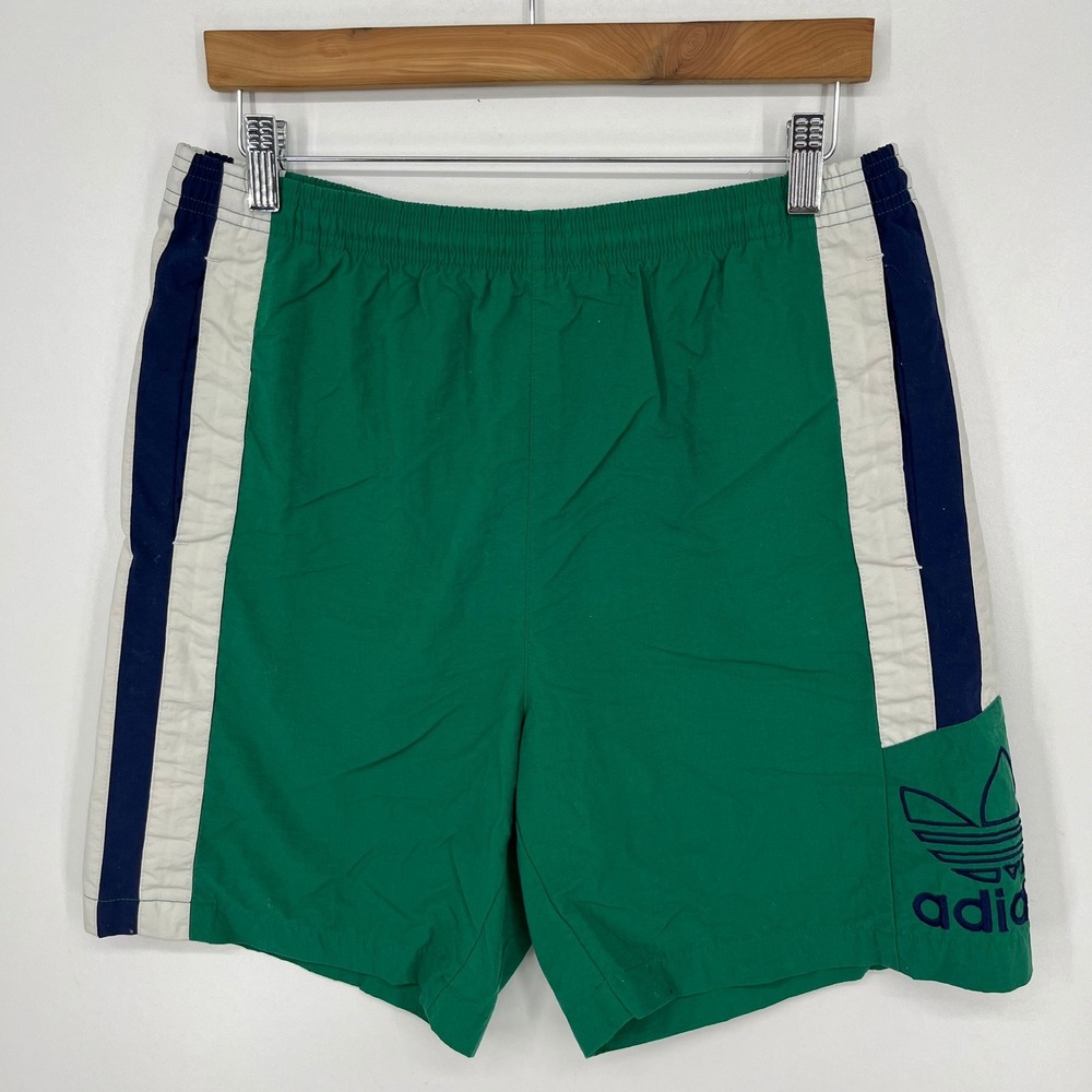 Adidas Vintage Mens Green Nylon Trefoil Logo Striped Athletic Shorts Small 90s